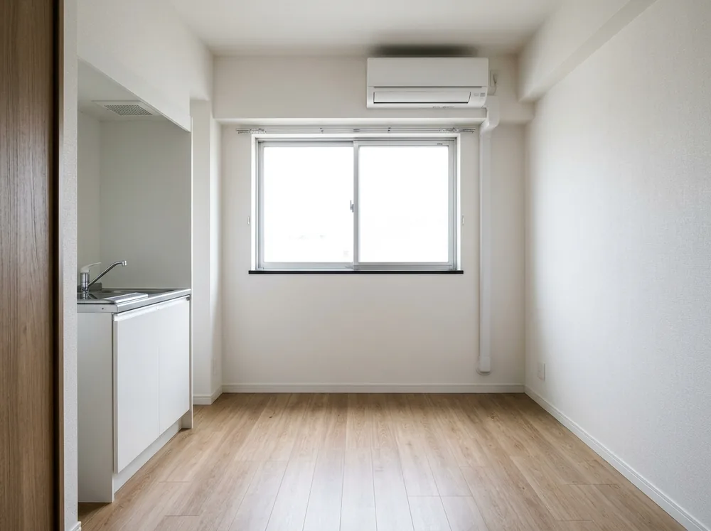 家具のない1Kの部屋で、窓の上に備え付けられた白い壁掛けエアコン