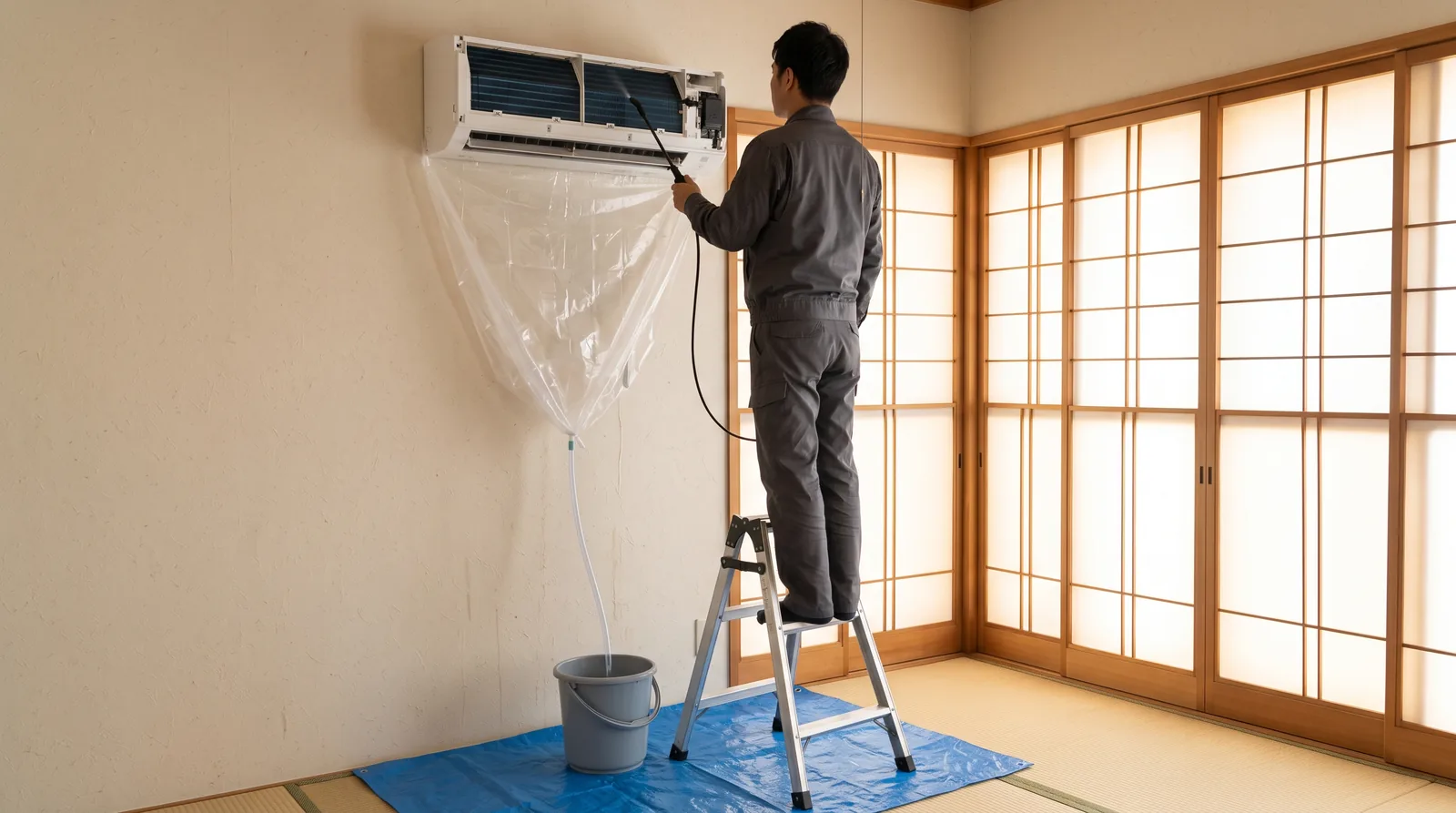 和室の壁掛けエアコンに洗浄カバーを付け、脚立に乗った作業者が熱交換器を洗っている様子