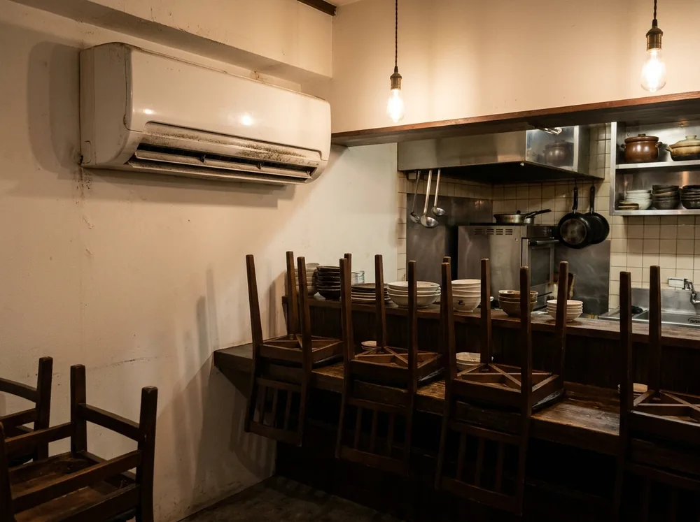 閉店後の小さな飲食店のカウンターと、その上の壁に付いたエアコン