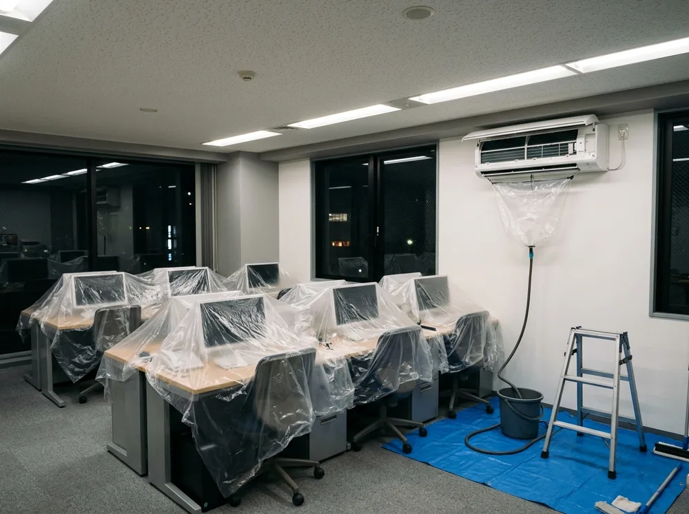 終業後の小さな事務所で、机をビニールシートで覆い、壁の大きなエアコンを洗っている様子