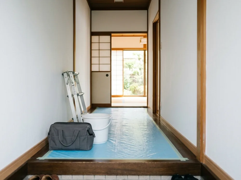 玄関から続く廊下に保護シートを敷き、無地の工具バッグとバケツ、脚立を置いた作業前の様子