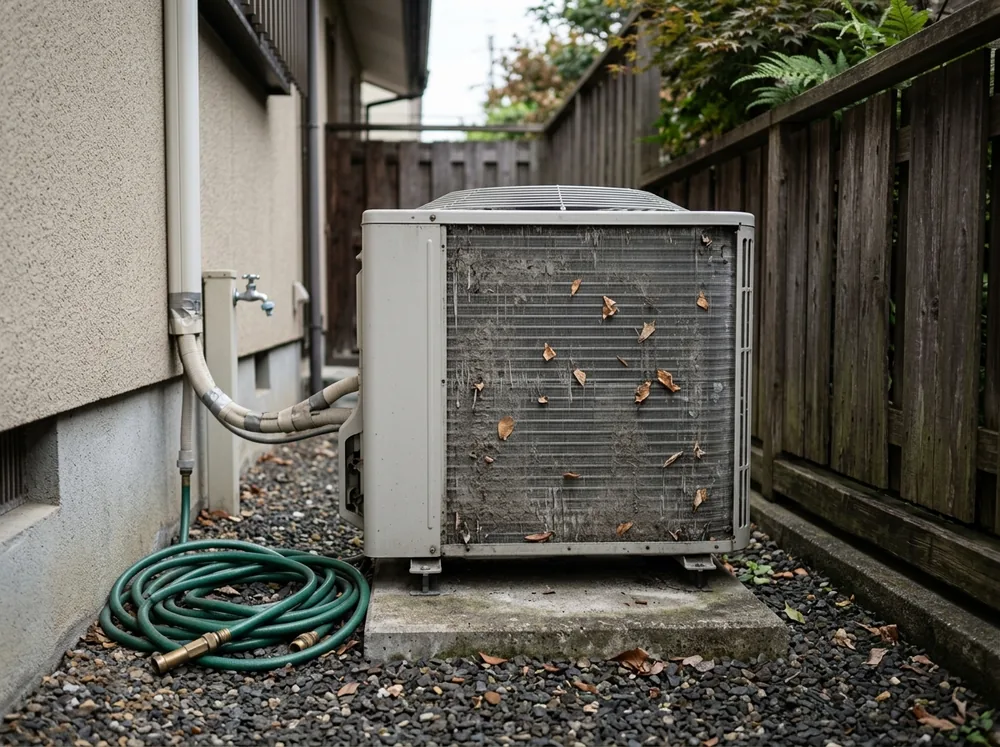 一戸建ての脇の地面に置かれた室外機と、ホコリが積もった裏側のアルミフィン