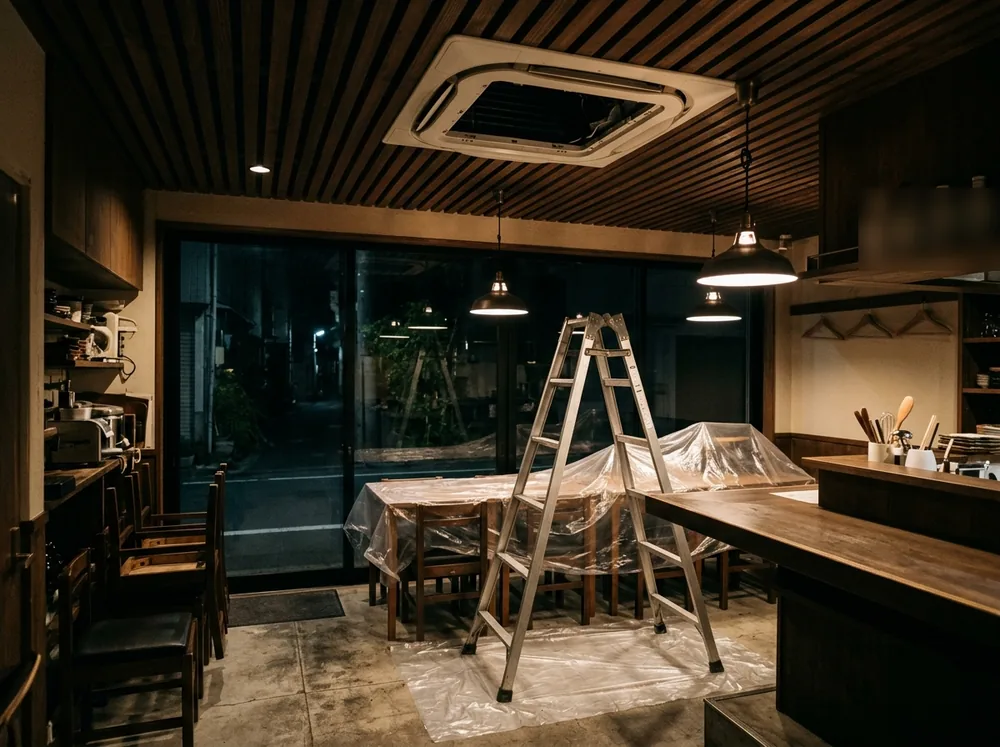閉店後の小さなカフェで、天井埋め込みエアコンの吸込みグリルを外し、下のテーブルをシートで覆って脚立を立てた様子